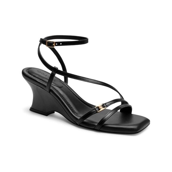 Coach Cait Sandals Women's Size 9 Black Leather Wedge Heel Ankle Wrap Buckle - Picture 1 of 4